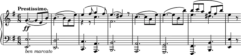 
\version "2.14.1"
\relative c {
	\new PianoStaff <<
		\new Staff {
            \set Score.tempoHideNote = ##t
			\tempo "Prestissimo." 4=215
			\key g \major
			\time 6/8
			g''4.\ff~\( g8 e b'\)
			b4.~\( b8 g e'\)
			<<
				{ e4\( fis8 g4 fis8\)
				e4.( dis4) r8 }
				\\
				{ r4 r8 c4.
				fis,2. }
			>>
			c'4.~\( c8 a e'\)
			e4.~\( e8 b b'\)
			<<
				{ b\( c a g fis b\) }
				\\
				{ e,4. dis }
			>>
			e4 r8
		}
		\new Staff {
			\key g \major
			\clef bass
			<e,,, e'>2._\markup{\italic "ben marcato"}
			<d d'>
			<c c'>4. <a a'>
			<b b'>2.
			<a a'>
			<g g'>
			<fis fis'>4. <b b'>
			<e e'>4 r8
		}
	>>
}
