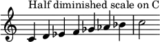  {
\override Score.TimeSignature #'stencil = ##f
\relative c' {
  \clef treble \time 7/4
  c4^\markup { Half diminished scale on C } d es f ges aes bes c2
} }

