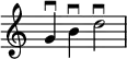  {
\override Score.TimeSignature
#'stencil = ##f
    \relative c'' {
        \time 4/4
        g4 \downbow b \downbow d2 \downbow
    }  }
