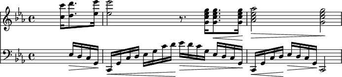 <<{\key c \minor \skip2 \skip8. <c'' c'''>16[ <d'' d'''>8. <es'' es'''>16] <es'' es'''>2 r8. <g'' es'' c'' g'>16[ <g'' es'' c'' g'>8.\< <g'' es'' c'' g'>16]\! <as'' es'' c'' as'>2\> <g'' es'' c'' g'>2\!} {\key c \minor \clef bass \skip2. es16\> d c g,\! c,\< g, c d es g c' d'\! es'\> d' c' g es d c g,\! c,\< g, c d\! es\> d c g,\! c,2}>>