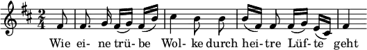  { \new Staff << \relative c' {\set Staff.midiInstrument = #"clarinet" \tempo 4 = 45 \set Score.tempoHideNote = ##t
  \key b \minor \time 2/4 \autoBeamOff \set Score.currentBarNumber = #6 \set Score.barNumberVisibility = #all-bar-numbers-visible \bar ""
  \partial 8 fis8 | fis8. g16 fis[( g)] fis[( b)] | cis4 b8 b | b16[( fis)] fis8 fis16[( g)] e[( cis)] | fis4 }
  \addlyrics { Wie ei- ne trü- be_ Wol- ke durch hei- tre Lüf- te_ geht } >>
}