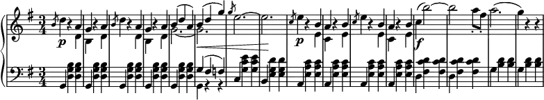 
 \relative c' {
  \new PianoStaff <<
   \new Staff { \key e \minor \time 3/4
    <<
   {
    s16 \slashedGrace b'8 s4 b4\rest a g b4\rest a \slashedGrace b8 s4 b4\rest a g b4\rest a b( d a) b( d g) \slashedGrace g8 s2. s \slashedGrace c,8 s4 b4\rest b a b4\rest b \slashedGrace c8 s4 b4\rest b a b4\rest b
   }
    \\
   {
    s16 d4\p s4 d, b s d d'4 s4 d, b s d g2.~ g\< e'2.^~ e\! e4\p s4 e, c s e e'4 s4 e, c s e c'\f^( b'2^~) b a8-. fis-. a2.^( g4) b,4\rest b4\rest
   }
    >>
   }
   \new Dynamics {
    
   }
   \new Staff { \key e \minor \time 3/4 \clef bass
    <<
      { s16 g,,4 s s g s s g s s g s s g s s g'( fis f) c s s b s s a s s a s s a s s a }
    \\
      { s16 s4 <d g b> <d g b> s <d g b> <d g b> s <d g b> <d g b> s <d g b> <d g b> s <d g b> <d g b> g, r r s <g' c e> <g c e> s <e g d'> <e g d'> s <e a c> <e a c> s <e a c> <e a c> s <e a c> <e a c> s <e a c> <e a c> d <fis c' d> <fis c' d> d <fis c' d> <fis c' d> g <b d> <b d> g <b d> <b d> }
    >>
      }
  >>
 }
