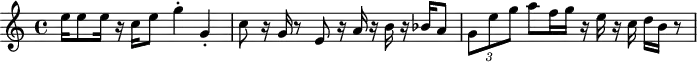 
 \header {
     tagline = ##f
 }

 \score {
  \relative c' {
    \clef "treble"
    \time 4/4
    e'16 e8 e16 r c e8 g4-. g,-.
    c8 r16 g r8 e r16 a r b r bes a8
    \times 2/3 {g e' g} a8 f16 g r e r c d b16 r8
  }
   \layout {}
   \midi {}
 }
