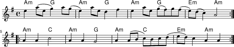 
<<
\new ChordNames \chordmode {
  \set chordChanges = ##t
  a2:m g   |%1
  a2:m g   |%2
  a2:m g   |%3
  e2:m a:m |%4

  a2:m c   |%5
  a2:m g   |%6
  a2:m c   |%7
  e2:m a:m |%8
}
\new Staff \relative c''{
\key a \dorian
\time 4/4
\repeat volta 2
  {
  e4 a8( e g4) a8 g(
  e4) a8 e d4 fis
  e4 a8 e g( fis) g fis(
  e8) d( c4) a2
  }
\break
\repeat volta 2
  {
  a4 a c2
  a4 a g2
  a4 a8( b c) b c d(
  e8 d) c4 a a
  }
}
>>
