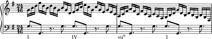 
    {
      #(set-global-staff-size 14)
      \override Score.SpacingSpanner.strict-note-spacing = ##t
      \set Score.proportionalNotationDuration = #(ly:make-moment 1/2)
      \new PianoStaff <<
        \new Staff <<
            \relative c'' {
                \key g \major \time 24/16
                g16 b d g d b d b g b g d  
                e g c e c g c g e g e c  
                a c fis a fis c fis c a c a fis  
                g b d g d b d b g b g d
                }
            >>
        \new Staff <<
            \relative c' {
                \clef F \key g \major \time 24/16
                g8.[_\markup { \concat { "I" \hspace #20.5 "IV" \hspace #19.5 "vii" \raise #1 \small  "o" \hspace #19.5 "I" } }
                g,] r g' g[ g,] r g' g[ g,] r g' g[ g,] r g'
                }
            >>
    >> }
