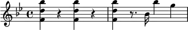 
 \relative c''' {
   \key bes \major
   <bes d, f,>4 r <bes d, f,> r | <bes d, f,> r8. bes,16 bes'4 g
}
