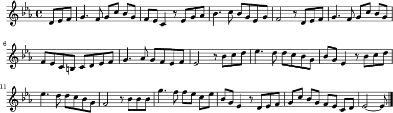 \new Staff \relative d'{

    \clef "treble" \key es \major \time 4/4 \partial 4. d8 [ es8 f8 ] | % 1
    g4. f8 g8 [ c8 ] bes8 [ g8 ] | % 2
    f8 [ es8 ] c4 r8 es8 [ g8 as8 ] | % 3
    bes4. c8 bes8 [ g8 es8 g8 ] | % 4
    f2 r8 d8 [ es8 f8] | % 5
    g4. f8 g8 [ c8 ] bes8 [ g8 ] \break | % 6
    f8 [ es8 c8 b8 ] c8 [ d8 es8 f8 ] | % 7
    g4. as8 g8 [ f8 es8 f8 ] | % 8
    es2 r8 bes'8 [ c8 d8 ] | % 9
    es4. d8 d8 [ c8 bes8 g8 ] | \barNumberCheck #10
    bes8 [ g8 ] es4 r8 bes'8 [ c8 d8 ] \break | % 11
    es4. d8 d8 [ c8 bes8 g8 ] | % 12
    f2 r8 bes8 [ bes8 bes8 ] | % 13
    g'4. f8 f8 [ es8 ] c8 [ es8 ] | % 14
    bes8 [ g8 ] es4 r8 d8 [ es8 f8 ] | % 15
    g8 [ c8 ] bes8 [ g8 ] f8 [ es8 ] c8 [ d8 ] | % 160
    es2 ~ es8 \bar "|."
}