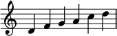   {
\override Score.TimeSignature #'stencil = ##f
\relative c' {
  \clef treble \key c \major \time 6/4
  d f g a c d
} }
