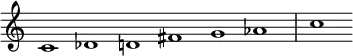  {
\override Score.TimeSignature #'stencil = ##f
\set Score.tempoHideNote = ##t
\tempo 1 = 120
\relative c' { 
  \cadenzaOn
  c1 des d fis g aes \bar "|" c
} }
