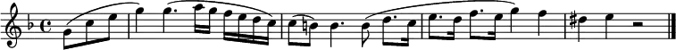 
\relative c'' {
  \key f \major
  \partial 4. g8( c e |
  g4) g4.( a16 g f e d c) |
  c8( b) b4. b8( d8. c16 |
  e8. d16 f8. e16 g4) f |
  dis4 e r2 | \bar "|."
}
