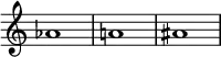  {

\override Score.TimeSignature
#'stencil = ##f
    \relative c'' {
        \time 4/4
        aes1 a! ais
    }  }
