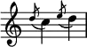  {
{
\override Score.TimeSignature #'stencil = ##f
    \relative c'' {

        \time 2/4
        \slashedGrace { d8( } c4)
        \slashedGrace { e8( } d4)
    }
} }
