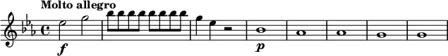 
\relative c'' {
  \key es \major
  \tempo "Molto allegro"
  es2\f g |
  \repeat unfold 8 { bes8 } |
  g4 es r2 |
  bes1\p | as | as | g | g |
}
