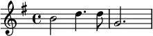 \relative c''{\set Staff.midiInstrument = #"orchestral harp" \once \hide Score.MetronomeMark \tempo 2 = 120 \key g \major b2 d4. d8 g,2. \skip4}