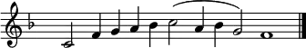 
{ \key f \major 
\set Score.tempoHideNote = ##t
\tempo 2=72
\set Staff.midiInstrument = "english horn"
\override Score.TimeSignature #'transparent = ##t 
\override Score.BarNumber  #'transparent = ##t
\time 8/2 
c'2 f'4 g' a' bes' c''2(a'4 bes' g'2) f'1
\bar "|."}
