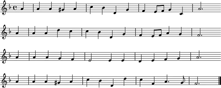 
\transpose c bes,
\new Staff <<
\clef treble \key g \major {
      \time 4/4 \partial 4     
      \relative g' {
	b4 | b b ais b | d c e, a | g fis8 g a4 d, | b'2. \bar"" \break 
        b4 | b b e d | d c e, a | g fis8 g b4 a | g2. \bar"" \break 
        b4 | b b a g | fis2 fis4 fis | e fis g a | b2. \bar"" \break
        b4 | b b ais b | d c e, e' | d g, b4. a8 | g2. \bar"|."
      }
    }
%\new Lyrics \lyricmode {
%}
>>
\layout { indent = #0 }
\midi { \tempo 4 = 80 }
