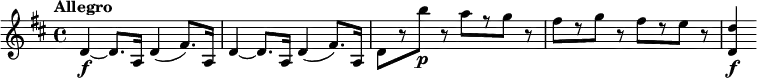 
\relative c' {
  \key d \major
  \tempo "Allegro"
  d4~\f d8. a16 d4( fis8.) a,16 |
  d4~ d8. a16 d4( fis8.) a,16 |
  d8[ r b''\p] r a[ r g] r |
  fis8[ r g] r fis[ r e] r | <d, d'>4\f
}
