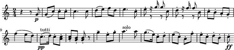 
\relative c''{ \time 2/4  \set Score.tempoHideNote=##t \tempo 4=126 \set Staff.midiInstrument = #"trumpet" r4 r8 g8\p g8 (c8) c8-. c8-. c4. c8 d8 (e8) f8 d8 e4. c8-. e8-.  <<{r16 g16 g8}\\{r8 r8 c,8-.}>> d8-. <<{r16 f16 f8}\\{ r8 r8 b,8}>> c8-. b8-. a8-. g8-. f'4 (e8 d8) c8.\pp^"tutti" (d16) c8-. <c a>8-. <c a>8-. <b g>8-. <b g>8-. r8 g'4-- e8-. g8-. a4.^"solo" a8 g8. (e16) c8-. d8-. e8 (c8-.) a8-. f'8-. e8-. c8-. d8-. b8-. c8-.\ff  }
