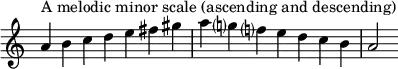  {
\omit Score.TimeSignature \relative c'' {
  \time 7/4 a^"A melodic minor scale (ascending and descending)" b c d e fis gis a g? f? e d c b a2
} }
