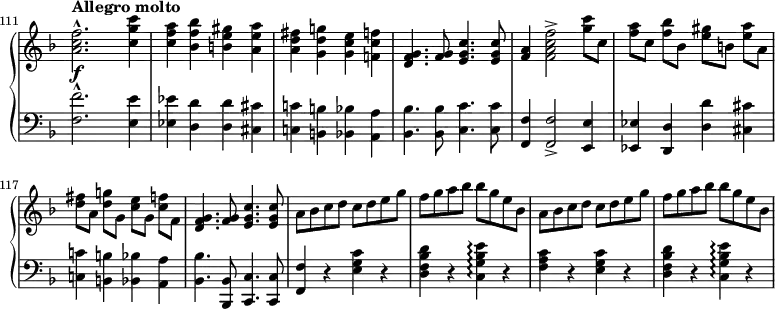 
\new PianoStaff <<
  \new Staff = "up" \with { \remove "Time_signature_engraver" } { \relative c'' {
    \key f \major \clef treble
    \set Score.currentBarNumber = #111 \bar ""
    \set Staff.midiInstrument = "string ensemble 1"
    \accidentalStyle "modern"
    \set Score.tempoHideNote = ##t \tempo "Allegro molto" 2 = 108
    \override Score.SpacingSpanner #'common-shortest-duration = #(ly:make-moment 1 4)
    \time 2/2
    <a c f>2.^\marcato <c g' c>4 | <c f a> <bes f' bes> <b e gis> <a e' a> | <a d fis> <g d' g> <g c e> <f c' f> | <d f g>4. <f g>8 <e g c>4. q8 |
    \set beamExceptions = #'((end . ( ((1 . 8) . (2 2 2 2)) )))
    <f a>4 <f a c f>2-> <g' c>8 c, | <f a> c <f bes> bes, <e gis> b <e a> a, | <d fis> a <d g> g, <c e> g <c f> f, | <d f g>4. <f g>8 <e g c>4. q8 |
    \set beamExceptions = #'()
    a bes c d c d e g | f g a bes bes g e bes | a bes c d c d e g | f g a bes bes g e bes |
  }}
  \new Dynamics { s4\f }
  \new Staff = "down" \with { \remove "Time_signature_engraver" } { \relative c {
    \key f \major \clef bass
    \set Staff.midiInstrument = "cello"
    \accidentalStyle "modern"
    <f f'>2.^\marcato <e e'>4 | <es es'> <d d'> q <cis cis'> | <c c'> <b b'> <bes bes'> <a a'> | <bes bes'>4. q8 <c c'>4. q8 |
    <f, f'>4 q2-> <e e'>4 | <es es'> <d d'> <d' d'> <cis cis'> | <c c'> <b b'> <bes bes'><a a'> | <bes bes'>4. <bes, bes'>8 <c c'>4. q8 |
    <f f'>4 r <e' g c> r | <d f bes d> r <c g' bes e>\arpeggio r | <f a c> r <e g c> r | <d f bes d> r <c g' bes e>\arpeggio r |
  }}
>>
