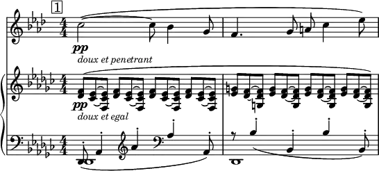 
<<
    \new Staff="clar" \relative c'' {
      \set Staff.midiInstrument = #"clarinet"
      \transposition bes
      \clef treble
      \numericTimeSignature
      \time 4/4
      \key aes \major
      \mark \markup { \box "1" }
      c2~\pp_\markup { \italic \small "doux et penetrant" }( c8 bes4 g8 | f4. g8 a c4 ees8)
    }
    \new PianoStaff {
      <<
        \new Staff="one" \relative c' {
          \clef treble
          \key ges \major
          \numericTimeSignature
          \time 4/4
          \slurUp
          \override TupletNumber #'stencil = ##f
          \times 2/3 {<< f8(\pp_\markup { \italic \small "doux et egal" } des >> << ees8~ ces~ >> << ees8 ces f, >> }
          \repeat unfold 3 \times 2/3 {<< f'8 des >> << ees8~ ces~ >> << ees8 ces f, >> }
          \repeat unfold 3 \times 2/3 {<< g'8 ees >> << f8~ des~ >> << f8 des g, >> }
          \times 2/3 {<< g'8 ees >> << f8~ des~ >> << f8) des g, >> }
          \slurNeutral
        }
        \new Staff="two" \relative c, {
          \clef bass
          \key ges \major
          \numericTimeSignature
          \time 4/4
          <<
            { \slurDown
              des8-.( aes'4-. \clef treble aes''4-. \clef bass aes,-. aes,8-.) |
              r8 bes'4-.( bes,-. bes'-. bes,8-.)
              \slurNeutral } \\
            { des,1 | des1 }
          >>
        }
      >>
    }
  >>
