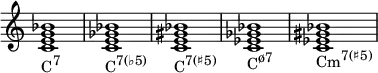  {
\override Score.TimeSignature #'stencil = ##f
\relative c' {
   \clef treble
   \time 4/4
   \key c \major
   \textLengthOn
   <c e g bes>1_\markup { \concat { "C" \raise #1 \small "7" } }
   <c e ges bes>_\markup { \concat { "C" \raise #1 \small { "7(♭5)" } } }
   <c e gis bes>_\markup { \concat { "C" \raise #1 \small { "7(♯5)" } } }
   <c es ges bes>_\markup { \concat { "C" \raise #1 \small { "ø7" } } }
   <c es gis bes>_\markup { \concat { "Cm" \raise #1 \small { "7(♯5)" } } }
} }
