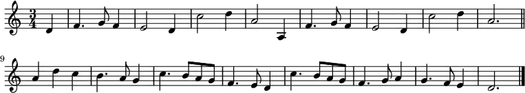 \relative c' { \set Staff.midiInstrument = #"flute" \time 3/4 \partial 4 d f4. g8 f4 e2 d4 c'2 d4 a2 a,4 f'4. g8 f4 e2 d4 c'2 d4 a2. \bar "||" \\ a4 d c b4. a8 g4 c4. b8 a g f4. e8 d4 c'4. b8 a g f4. g8 a4 g4. f8 e4 d2. \bar "|." }