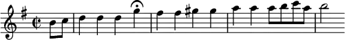 
\relative a' {
\set Staff.midiInstrument = #"recorder"
\set Score.tempoHideNote = ##t
\tempo 4 = 145
\key g \major
\time 2/2
\partial 4
b8 c
d4 d d \tempo 4 = 45 g\fermata \tempo 4 = 145 fis fis gis gis a a a8 b c a b2 }
