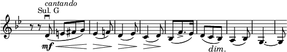 
\relative c' \new Staff \with { \remove "Time_signature_engraver" } {
 \key g \minor \time 3/8
  r8 r^\markup { Sul. G } d\downbow \mf \< ^\markup \italic cantando ( e fis g) es4\>( f!8) d4\>( es8) c4\>( d8\!)
  bes( f'8.-> es16) d8( c\dim bes\!) a4( bes8) g4.~ g8 
}
