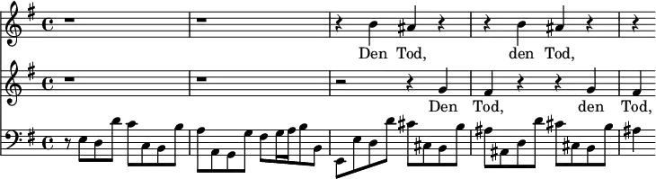 
<< <<
\new Staff { \clef treble \time 4/4 \key e \minor
    \set Staff.midiInstrument = "choir aahs" 
    \new Voice = "Sopran" { \relative c'' {
    r1 | r1 | r4 b ais r | r b ais r | r
    } }
}
\new Lyrics {
    \lyricsto "Sopran" {
    Den Tod, den Tod,
    }
}
\new Staff { \clef treble \time 4/4 \key e \minor
    \set Staff.midiInstrument = "choir aahs" 
    \new Voice = "Alt" { \relative c'' {
    r1 | r1 | r2 r4 g | fis r r g | fis
    } }
}
\new Lyrics {
    \lyricsto "Alt" {
    Den Tod, den Tod,
    }
}
\new Staff { \clef bass \key e \minor
    \set Staff.midiInstrument = "cello"
    r8 e[ d d'] c'[ c b, b] | a[ a, g, g] fis[ g16 a b8 b,] | 
    e,[ e d d'] cis'[ cis b, b] | ais[ ais, d d'] cis'[ cis b, b] | ais4
}
>> >>
\layout { indent = #0 }
\midi { \tempo 4 = 56 }
