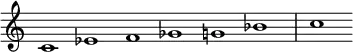  {
\override Score.TimeSignature #'stencil = ##f
\set Score.tempoHideNote = ##t
\tempo 1 = 120
\relative c' { 
  \cadenzaOn
  c1 es f ges g bes \bar "|" c
} }
