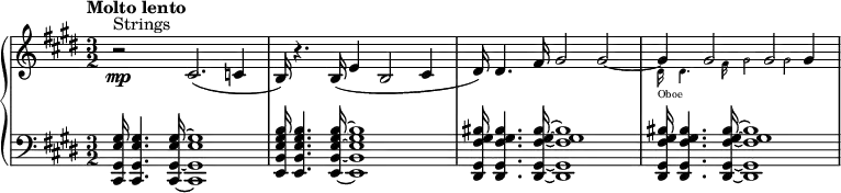 
{ \new PianoStaff <<
   \new Staff \relative c { \key e \major \time 3/2 \clef treble \tempo "Molto lento" \set Staff.midiInstrument = #"strings" r2\mp^"Strings" cis'2.( c4 b16) r4. b16( e4 b2 cis4 dis16) dis4. fis16 gis2 gis2 ~
<<
    {
            gis4 gis2 gis2 gis4
          }
  \new CueVoice { \set Staff.midiInstrument = #"oboe"
    \stemDown dis16_"Oboe" dis4. fis16 gis2 gis2
  }
>>
}
   \new Staff \relative c { \key e \major \time 3/2 \clef bass  \set Staff.midiInstrument = #"strings" \override Staff.NoteSpacing.stem-spacing-correction = #1.8
  \override Staff.StaffSpacing.stem-spacing-correction = #1.8  <gis' e gis, cis,>16 <gis e gis, cis,>4. <gis e gis, cis,>16 ~  <gis e gis, cis,>1 <b gis e b e,>16 <b gis e b e,>4. <b gis e b e,>16 ~  <b gis e b e,>1  <bis gis fis gis, dis>16 <bis gis fis gis, dis>4. <bis gis fis gis, dis>16 ~  <bis gis fis gis, dis>1 <bis gis fis gis, dis>16 <bis gis fis gis, dis>4. <bis gis fis gis, dis>16 ~  <bis gis fis gis, dis>1 } >> }
