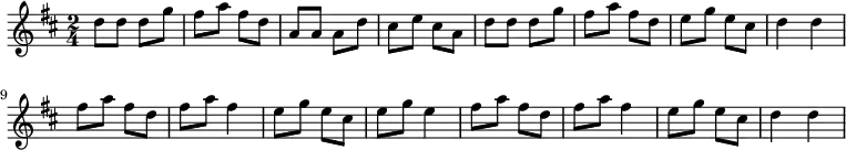 
{
  \key d \major
  \time 2/4
  d''8 d''8 d''8 g''8 fis''8 a''8 fis''8 d''8 a'8 a'8 a'8 d''8 cis''8 e''8 cis''8 a'8 d''8 d''8 d''8 g''8 fis''8 a''8 fis''8 d''8 e''8 g''8 e''8 cis''8 d''4 d''4
  fis''8 a''8 fis''8 d''8 fis''8 a''8 fis''4 e''8 g''8 e''8 cis''8 e''8 g''8 e''4 fis''8 a''8 fis''8 d''8 fis''8 a''8 fis''4 e''8 g''8 e''8 cis''8 d''4 d''4
}
