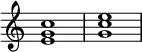 
{
\override Score.TimeSignature #'stencil = ##f
\relative c' {
   \clef treble
   \time 4/4
   \key c \major
   <e g c>1
   <g c e>
} }
