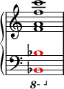 
{ \override Score.TimeSignature #'stencil = ##f
   \new PianoStaff <<
      \new Staff <<
         \relative c' {
             \stemUp \clef treble \key c \major \time 4/4
             <f a f' c'>1
             }
            >>
     \new Staff <<
         \relative c, {
             \clef bass \key c \major \time 4/4
             \ottava #-1 \once \override NoteHead.color = #red <bes bes'>1
             }
         >>
    >>
}
