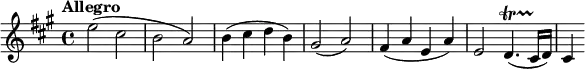 
\relative c'' { \set Staff.midiInstrument = #"violin"
  \tempo "Allegro"
  \tempo 4 = 126
  \key a \major
  \time 4/4
  e2( cis | b a) | b4( cis d b) | gis2( a) | fis4( a e a) | e2  d4.(\startTrillSpan cis16\stopTrillSpan d) | cis4 
}
