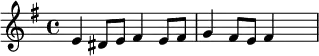 {\set Staff.midiInstrument = #"tubular bells" \key g \major e'4 dis'8 e'8 fis'4 e'8 fis'8 g'4 fis'8 e'8 fis'4 \skip4}