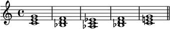  {
\relative c' {
   \clef treble
   \time 4/4
   \key c \major
   <c e g>1 <bes d f> <aes c es> <bes d f> <c e! g> \bar "||"
} }
