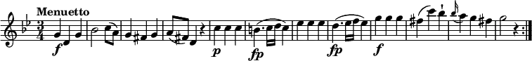 
\relative c''' {
  \tempo "Menuetto"
  \key bes \major
  \time 3/4
  g,4\f d g
  bes2 c8 (a)
  g4 fis g
  a8 (fis) d4 r4
  c'4\p c c
  b4.\fp (c16 d c4)
  ees ees ees
  d4.\fp (ees16 f ees4)
  g4\f g g
  fis (c') bes-!
  \grace bes16 (a4) g fis
  g2 r4\bar ":|."
}
