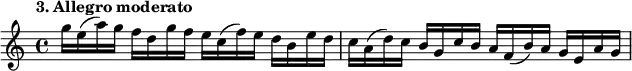 

\relative g''
{  
\set Staff.midiInstrument = #"violin"
\time 4/4 
\tempo "3. Allegro moderato"
g16 e (a) g f d g f e c (f) e d b e d |
c a (d) c b g c b a f (b) a g e a g

}

