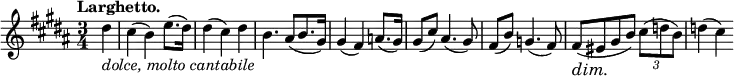 
\relative c' {
  \key b \major \time 3/4 \tempo "Larghetto." \partial 4
  \override Score.SpacingSpanner #'common-shortest-duration = #(ly:make-moment 1 4)
  \set Staff.midiInstrument = "violin"
  \set Score.tempoHideNote = ##t \tempo 4 = 50
 dis'4_\markup{ \italic {dolce, molto cantabile } } cis( b) e8.( dis16) dis4( cis) dis b4. ais8[( b8. gis16)] gis4( fis)
 a8.( gis16) gis8( cis) ais4.( gis8) fis( b) g4.( fis8) fis\dim ( eis\! gis b) \times 2/3 { cis8( d b) } d4( cis)
}
