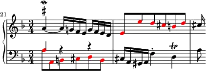 
{
#(set-global-staff-size 16)
      \new PianoStaff <<
        \new Staff <<
            \relative c'' {
                \set Score.currentBarNumber = #21
                \set Score.proportionalNotationDuration = #(ly:make-moment 1/8)

                \bar ""
                \clef treble \key d \minor \time 3/4
                \once \override TextScript.script-priority = #-100 a4~^\mordent^\markup { \sharp } a16 g! f e g f e d
                \override NoteHead.color = #red \stemUp e8 e' d cis b d 
                \override NoteHead.color = #black cis16
                }
            >>
        \new Staff <<
           \clef bass \key d \minor \time 3/4
           \new Voice \relative c' {
                \override NoteHead.color = #red a8 a, b cis d b
                \override NoteHead.color = #black cis16 a gis a f'4-. d\trill a'8
                }
           \new Voice \relative c' {
                \stemUp \override NoteHead.color = #red a4 r r
                }
            >>
    >> }
