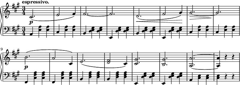 
 \relative g'' {
  \new PianoStaff <<
   \new Staff { \key fis \minor \time 3/4
    \set Score.tempoHideNote = ##t
     \tempo "espressivo." 2. = 64
    cis,,2.\p( e2 fis4) fis2.~ fis d2.\<( fis2 gis4\!) gis2.~\> gis\! b\p( a2 cis,4) e2.( <d fis>2 cis4) <cis gis'>2. <b gis'> <a a'>~ <a a'>4 r r
   }
   \new Staff { \key fis \minor \time 3/4 \clef bass
   a, <e' a> <e a> cis <e a> <e a> b <d e gis> <d e gis> e, <d' e gis> <d e gis> b <d e gis> <d e gis> e, <d' e gis> <d e gis> cis <e a> <e a> cis <e a> <e a> fis, <a' fis cis> <a fis cis> fis, <a' fis cis> <a fis cis> b, <a' fis d> <a fis d> b, <a' fis d> <a fis d>e, <d' e gis> <d e gis> e, <d' e gis> <d e gis> a <cis e> <cis e> <cis e> r r
   }
  >>
 }
