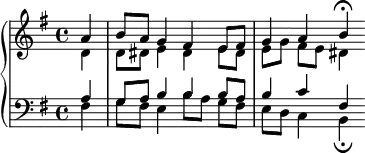 
    {
      \new PianoStaff <<
        \new Staff <<
            \new Voice \relative c'' {
                \stemUp \clef treble \key e \minor \time 4/4
                \partial4 a4 b8 a g4 fis e8 fis g4 a b \fermata
                }
            \new Voice \relative c' {
                \stemDown
                \partial4 d4 d8 dis e4 dis e8 dis e[ g] fis e dis4
                }
            >>
        \new Staff <<
            \new Voice \relative c' {
                \stemUp \clef bass \key e \minor \time 4/4
                \partial4 a g8 a b4 b b8 a b4 c fis,
                }
            \new Voice \relative c {
                \stemDown
                \partial4 fis4 g8 fis e4 b'8[ a] g fis e d c4 b_\fermata
                }
            >>
    >> }
