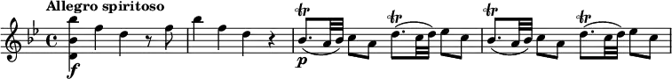 
\relative c''' {
  \override Score.NonMusicalPaperColumn #'line-break-permission = ##f
  \tempo "Allegro spiritoso"
  \key bes \major
  <bes bes, d,>4\f f d r8 f |
  bes4 f d r |
  bes8.\trill\p( a32 bes) c8 a d8.\trill( c32 d) es8 c |
  bes8.\trill( a32 bes) c8 a d8.\trill( c32 d) es8 c |
}
