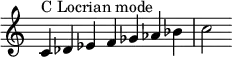  {
\override Score.TimeSignature #'stencil = ##f
\relative c' { 
  \clef treble \time 7/4
  c4^\markup { C Locrian mode } des es f ges aes bes c2

} }
