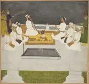 Abdullah Khan (Gold Cummerbund) with his brothers. Seated opposite his younger brother Nawab Hussain Ali Khan Barha (without a cummerbund).