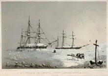  a colored engraving of two ships stuck in the ice with sailors working on the surrounding ice.