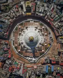 Aerial view of the Boudhanath stupa resembles a mandala