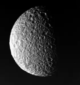 The south pole of Mimas taken by Voyager 1, 127,000 km (79,000 miles) away with a resolution of 1 km/pixel.